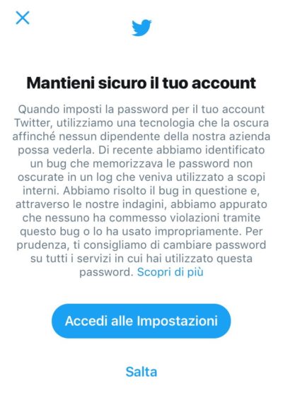Un bug di Twitter rileva la password di tutti gli utenti Un bug di Twitter rileva la password di tutti gli utenti